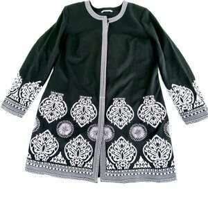 Peter Nygard Black Tapestry White Indian Embroidery Button Down Jacket Dress!